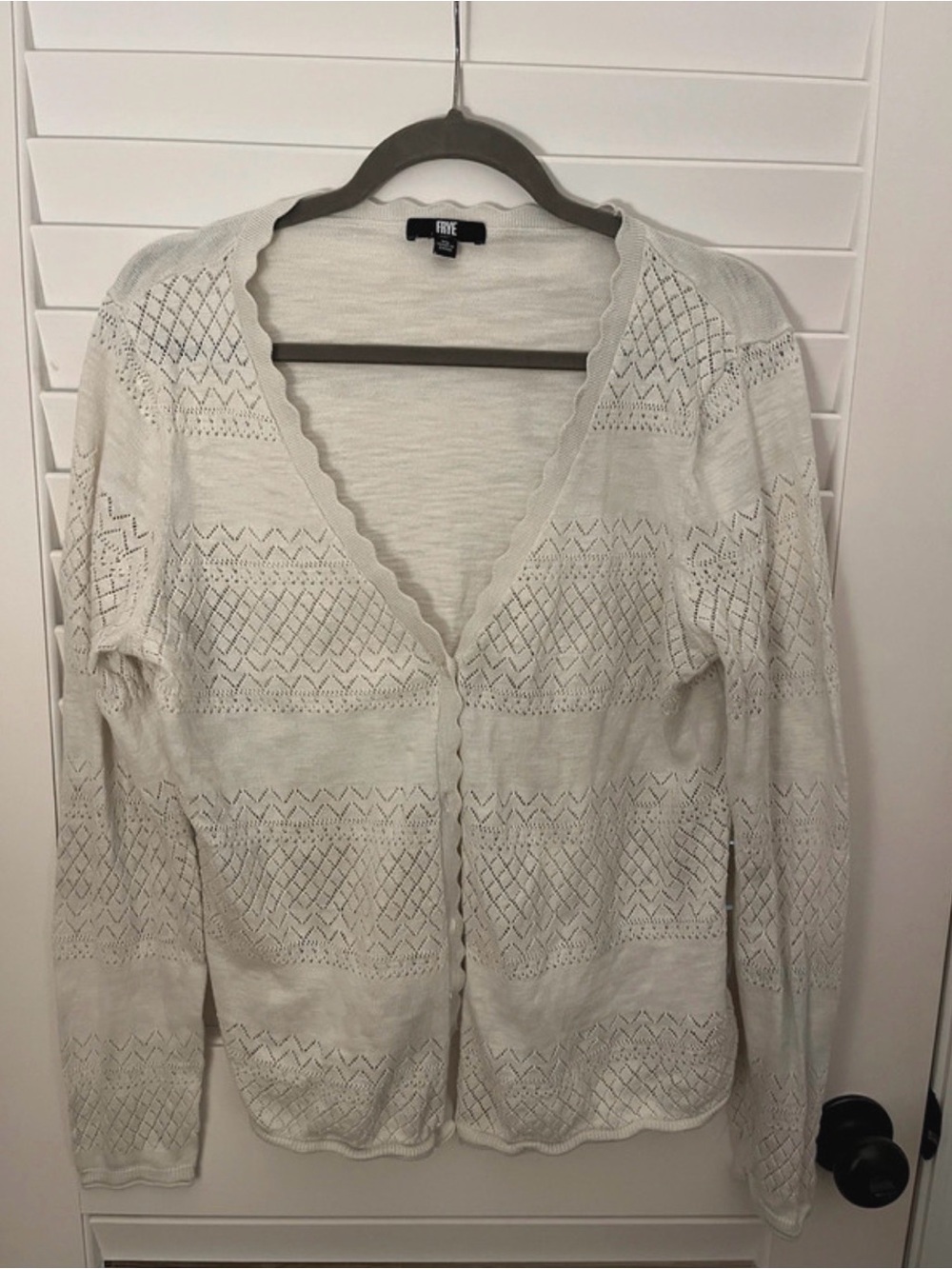 Frye Cream Openwork Scalloped V-Neck Cardigan 100% Cotton Sz XL